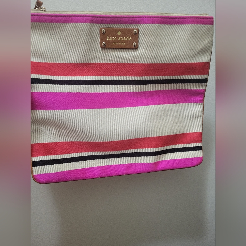 Kate spade NY Adrianne canvas striped flat pouch. Length-11. H-10in. - Picture 2 of 8